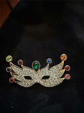 Gold Crystal Masquerade Mask Brooch with Multicolor Gems